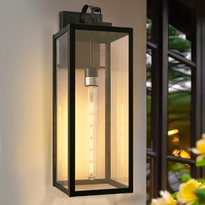 DORESshop 2-Pack 22 in. Outdoor Wall Light, Upward Hook Black Exterior Sconce, E26 Porch Light Fixture with T30-300 Bulbs & Dusk-to-Dawn Sensor - 1 of 4