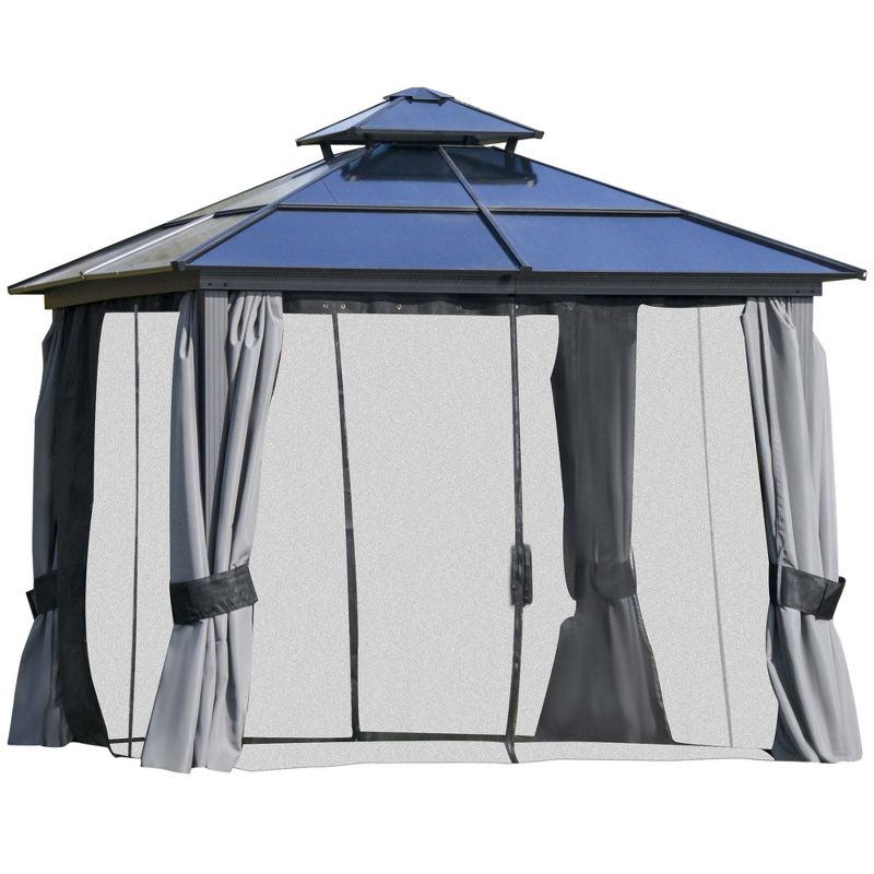 Outsunny Hardtop Gazebo Outdoor Polycarbonate Canopy Aluminum Frame Pergola with Double Vented Roof, Netting & Curtains for Garden, 4 of 9