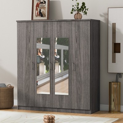 TIRAMISUBEST 4-Door Mirror Wardrobe - Mobile Storage Cabinet with Locking Wheels & Adjustable Shelves | Space-Saving Closet Organizer for Bedroom
