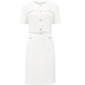 INSPIRE CHIC Women's Tweed Crew Neck Belted Short Sleeve Work 2026 Sheath Midi Dress - 1 of 4