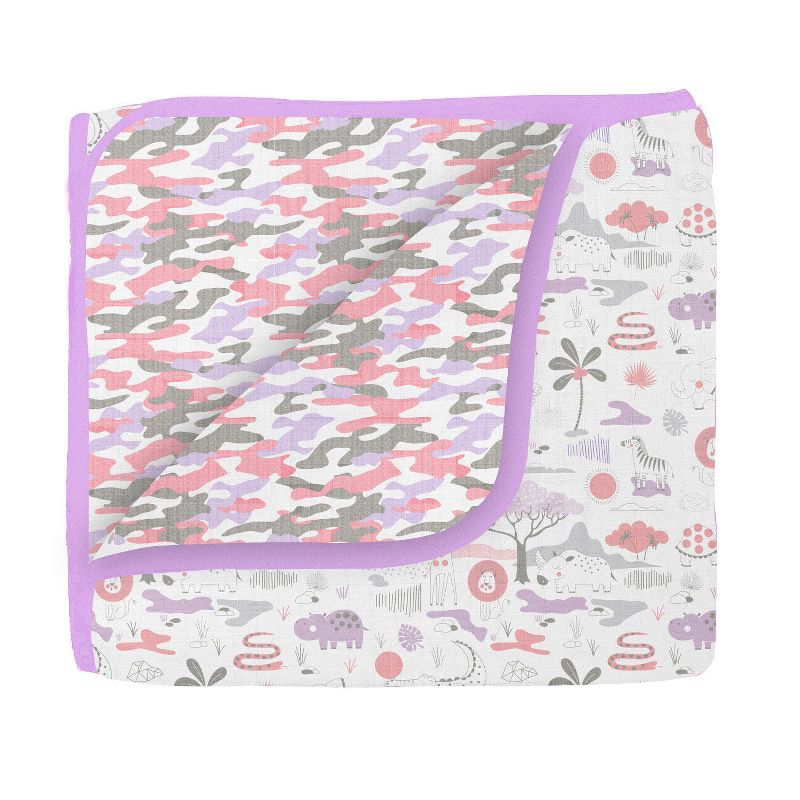 Bacati - Jungle Safari Girls Lilac/Coral Muslin 4 pc Crib Bedding Set with 2 Fitted Sheets, 2 of 8