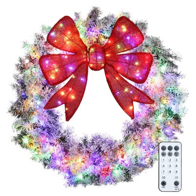 HOMCOM 36in Flocked Pre-Lit Christmas Wreath with 3D Red Bow, Christmas Wreath for Front Door with 11 Lighting Modes, 140 LED Lights