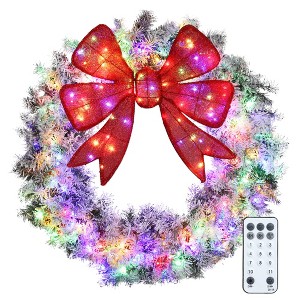 HOMCOM 36in Flocked Pre-Lit Christmas Wreath with 3D Red Bow, Christmas Wreath for Front Door with 11 Lighting Modes, 140 LED Lights - 1 of 4