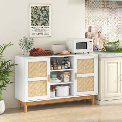 White and Natural Bamboo Woven 48" Sideboard Buffet Cabinet