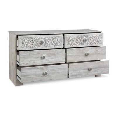 Whitewash Bohemian 6-Drawer Dresser with Medallion Pulls