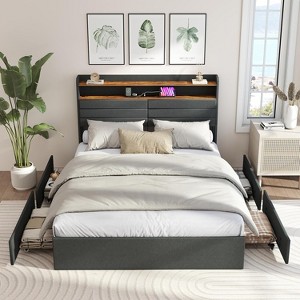 Zevemomo Full Bed Frame with 4 Storage Drawers, Full Size Upholstered Bed Frame with Headboard, LED,Sturdy Metal Slat Support, No Noise, Dark Gray - 1 of 4