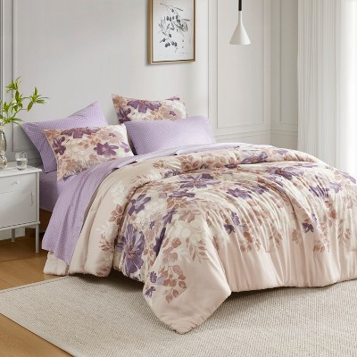 7Pcs Bed-in-a-Bag Comforter Set with Watercolor Floral Print, Soft Brushed Microfiber for Year-Round Use