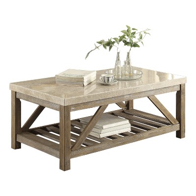 Vynxaria Industrial Style Cocktail/Coffee Table Angled Support, Bottom Shelf, Slat Construction, Creamy White Marble Top/Weathered Natural Wood