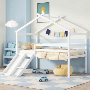 Luxystar Twin Low Loft House Bed with Slide, Ladder, Safety Guardrails and House Roof Frame for Kids' Room - 1 of 4