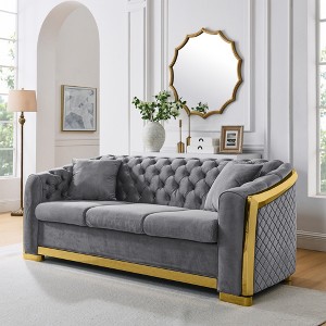 84'' Velvet Luxury Tufted 3-Seater Sofa with Gold Stainless Steel Accents for Living Room - 1 of 4