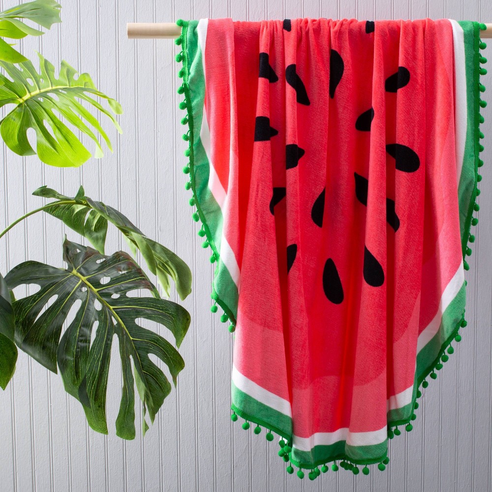 Moda at Home Watermelon Round Beach Towel with Green Pompom
