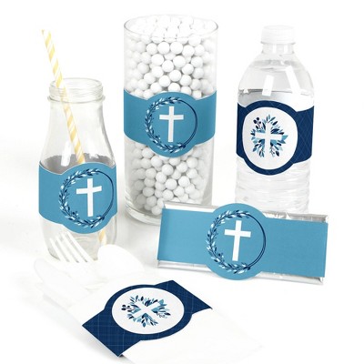 Big Dot of Happiness Blue Elegant Cross - DIY Party Supplies - Boy Religious Party DIY Wrapper Favors and Decorations - Set of 15