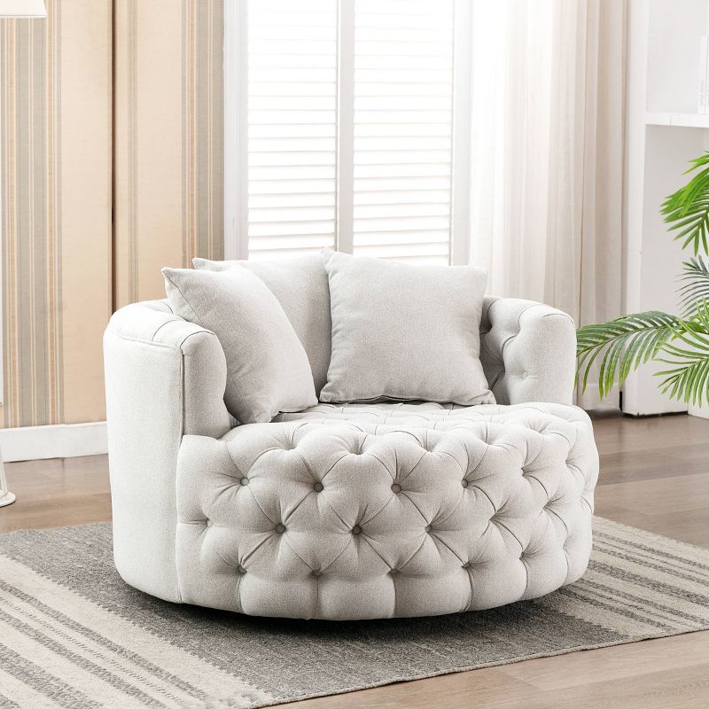  42.5" Wide Fully Assembled Round Upholstered Tufted Swivel Barrel Chair and a Half - Kinwell, 3 of 9