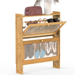 NewHome"2-Tier Slim Bamboo Shoe Cabinet with 2 Flip Drawers, Freestanding Shoe Rack for Entryway"brown Size L - 1 of 4