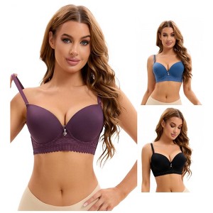 INSPIRE CHIC 3 Pcs Women's Lace Trim Underwire Adjustable Straps Plus Cup Size Push Up Bras - 1 of 4