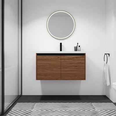 Floating Bathroom Vanity With Ceramics Countertop Sink, Wall Mounted 2 Doors Bathroom Storage Cabinet Set