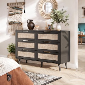 47.2" Wide 6-Drawer Black Double Dresser with Rattan Fronts, Wooden Chest of Drawers with Golden Handles, Versatile Buffet Sideboard & Storage Cabinet - 1 of 4