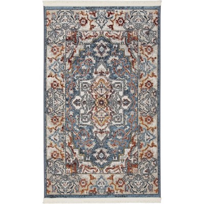 Geneva Medallion Fringe Edge Blue and Grey Transitional Rug