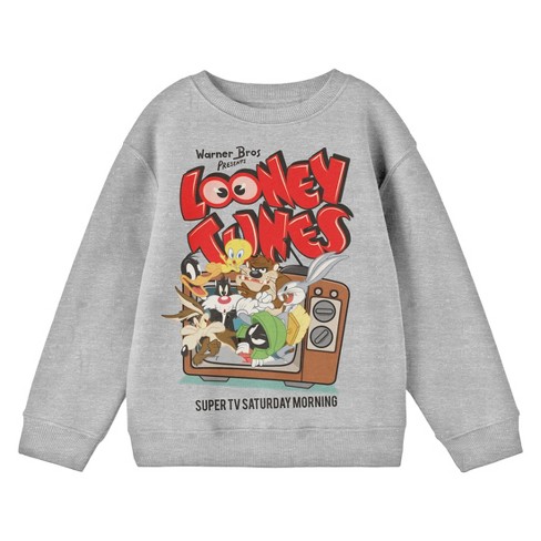 Looney Tunes Vintage Super TV Saturday Morning Crew Neck Long Sleeve Athletic Heather Boy s Sweatshirt XS