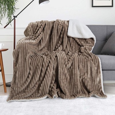 Ribbed Flannel Striped Faux Shearling Fleece Throw Blanket for Sofa Couch Bed