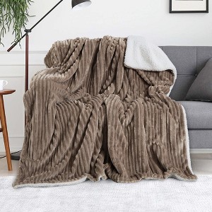 Ribbed Flannel Striped Faux Shearling Fleece Throw Blanket for Sofa Couch Bed - 1 of 4