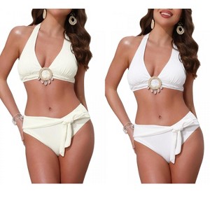 INSPIRE CHIC Women's O Ring Seashell Pendants Ribbed Halter Top Triangle Bottoms Swimwear Bathing Bikini Suits 2 Sets - 1 of 4