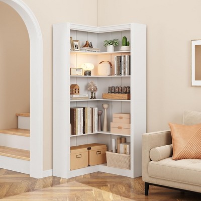 White Wood Tall Corner Bookcase with 5 Tiers