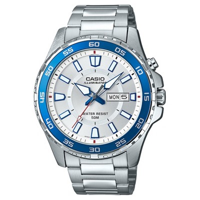 casio silver blue watch