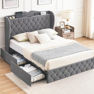 King Size Upholstered Velvet Platform Bed Frame with 4 Storage Drawers, Wingback Headboard Shelf and Charging Station, Button Tufted