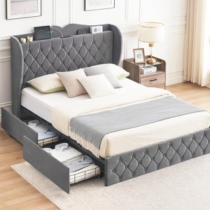 King Size Upholstered Velvet Platform Bed Frame with 4 Storage Drawers, Wingback Headboard Shelf and Charging Station, Button Tufted - 1 of 4