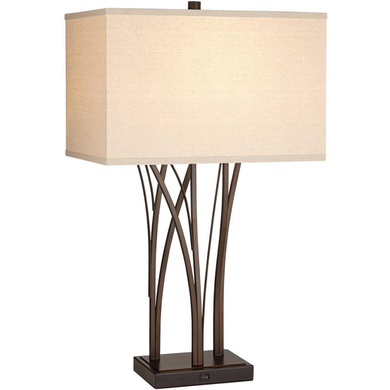 Possini Euro Design Verity 29" Tall Reed Farmhouse Rustic End Table Lamp Dual USB Ports Brown Bronze Finish Metal Single Living Room Charging, 1 of 10