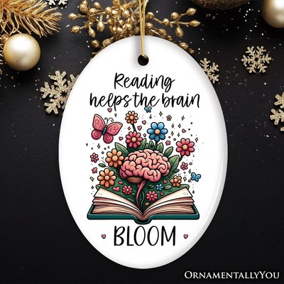 Reading Helps the Brain Bloom Unique Handcrafted Ornament, Booklover Gift with Flowers and Butterflies Art| OrnamentallyYou