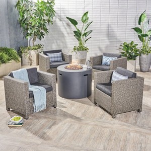 Christopher Knight Home Overton Outdoor Wicker 5 Piece Club Chair and Fire Pit Set with Cushions - 1 of 4