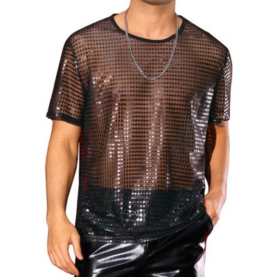 INSPIRE CHIC Men's Crew Neck Short Sleeve Party Metallic Sheer Glitter Sequin T-Shirt