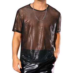 INSPIRE CHIC Men's Crew Neck Short Sleeve Party Metallic Sheer Glitter Sequin T-Shirt - 1 of 4