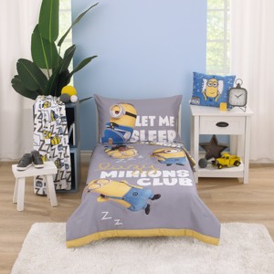 Illumination Lazy Minions Club Gray, Blue, Yellow, and White Let Me Sleep 4 Piece Toddler Bed Set - 1 of 4