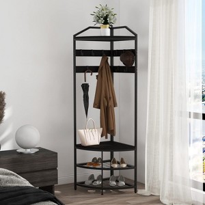 Corner Coat Rack with Storage: Metal Hall Tree with Mesh Shelves Anti-Toppling Device for Entryway Bedroom Black - 1 of 4
