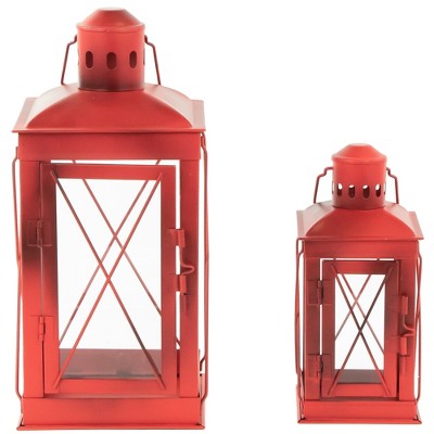 Set of 2 Antique Red Metal and Glass Candle Lanterns