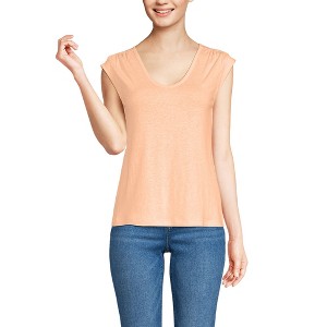 売れ筋商品|||ランズエンド カットソー トップス レディース Women's Linen Blend Cap Sleeve Gathered Shoulder Tee Peach sorbet Lands' End Women's Linen Blend Cap Sleeve Gathered Shoulder