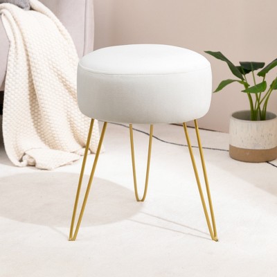 Arceso Velvet Vanity Stool, Round Gray Ottoman Stool with Sturdy Wooden Legs for Bedroom, Makeup Room, and Living Room