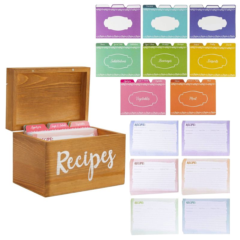 Juvale Wooden Recipe Box with 60 4x6 Cards, 24 Dividers with Tabs, and Meat, Veggie, Dessert, Beverage, Substitution, and Blank Sections, 7x5x5 in, 1 of 9
