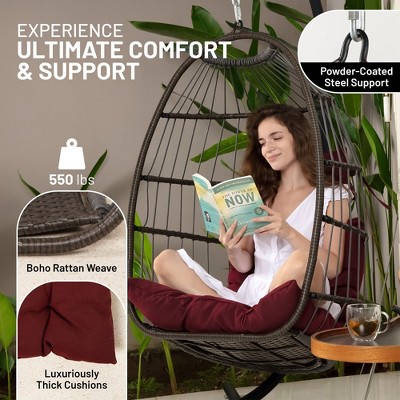 Outdoor Red Wicker Hanging Egg Chair with Cushions