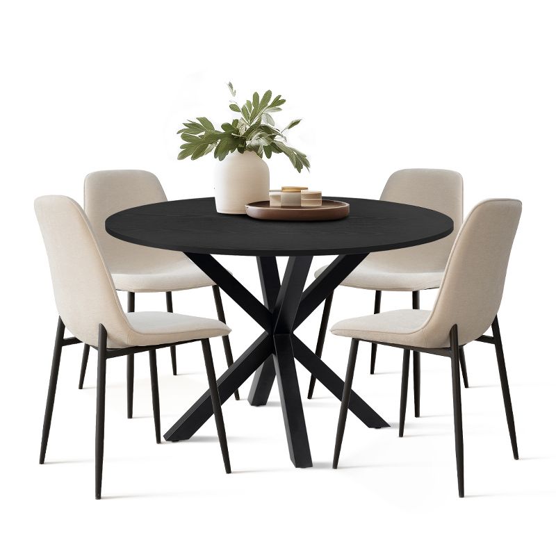 Olive+Oslo Black Dining Table Set For 4,Solid Round Black Grain Dining Table Sets with 4 Upholstered Dining Chairs Black Legs-The Pop Maison, 2 of 10