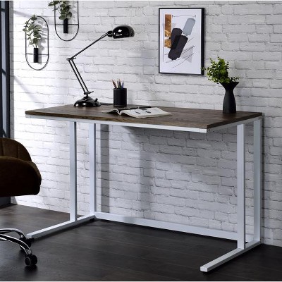 Vynxaria Modern Walnut White Writing Desk with USB Ports Stylish Home Office Furniture for Laptop Work Study
