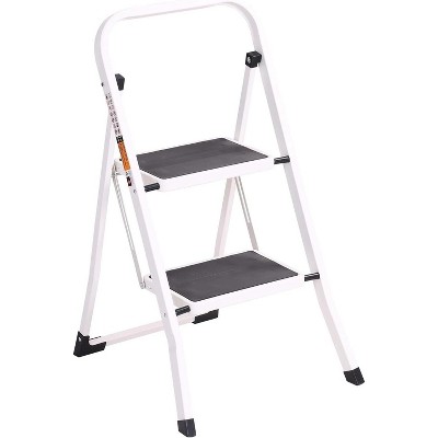 2-Tier Ladder, Lightweight Adult Folding Step, 330 lbs Capacity, Sturdy Portable Ladder with Non-Slip Steps and Handrails, White Square Tubing