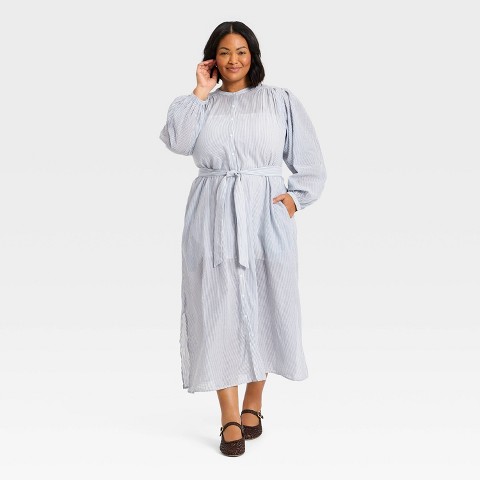 Женские платья Universal Thread Women's Balloon Long Sleeve Collared Neck Maxi Shirtdress - Universal Thread™ Blue Striped 1X
