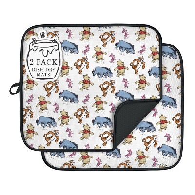 LunaLulinlk Dish Drying Mats, Pooh & The Gang Print Black Mesh Back, Ultra Absorbent 16” x 18” Counter Drying Mat, 2 Count