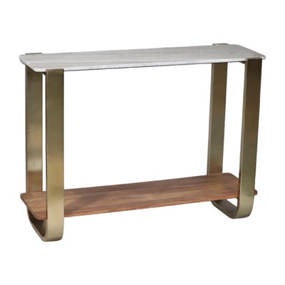 Gold and White Marble Console Table with Wooden Shelf