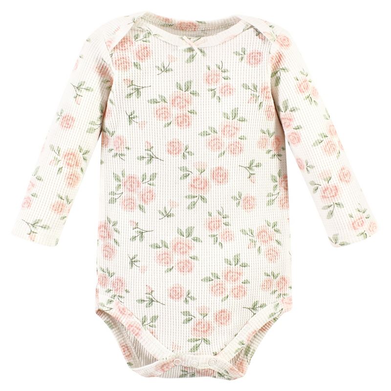 Hudson Baby Infant Girl Thermal Long Sleeve Bodysuits, Soft Pink Sage Rose, 3 of 8