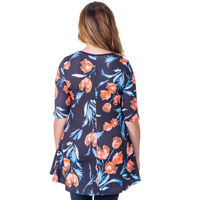 24seven Comfort Apparel Womens Black Tulip Print Elbow Sleeve Casual Tunic Top, 3 of 8